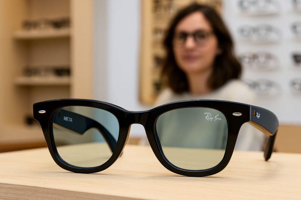 un paio di occhiali RayBan poggiati su un tavolo in un punto vendita