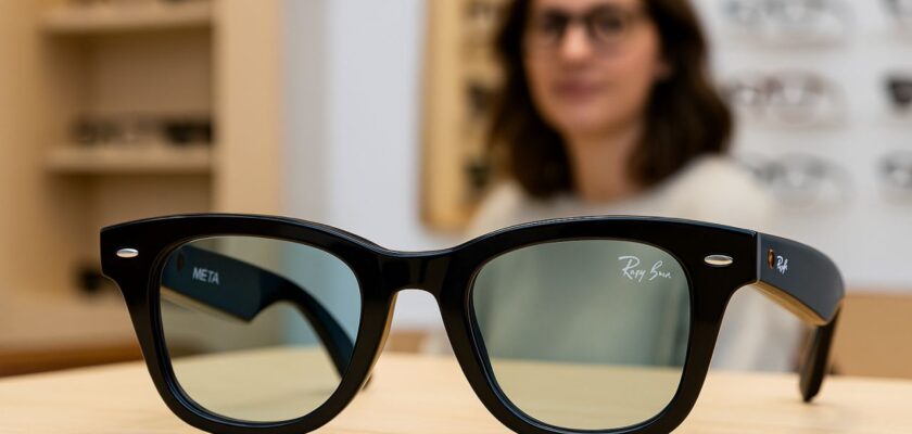 un paio di occhiali RayBan poggiati su un tavolo in un punto vendita