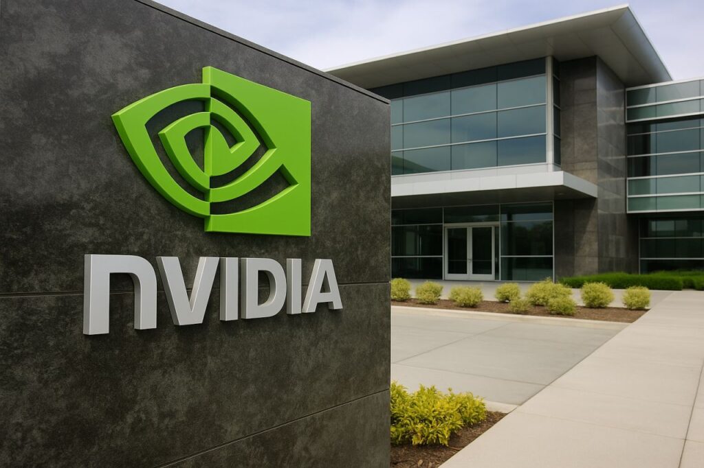La scritta Nvidia su un muretto nei pressi di un edificio moderno