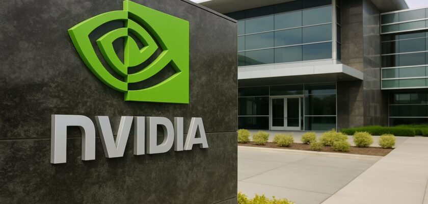 La scritta Nvidia su un muretto nei pressi di un edificio moderno