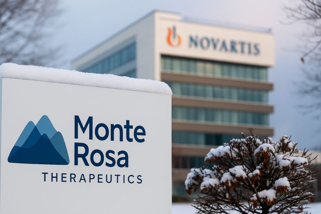 Un cartello bianco con la scritta Monte Rosa, e sullo sfondo un palazzo con la scritta Novartis