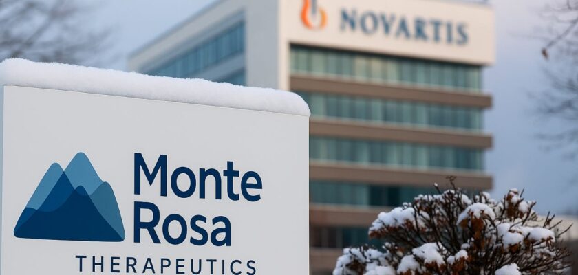 Un cartello bianco con la scritta Monte Rosa, e sullo sfondo un palazzo con la scritta Novartis