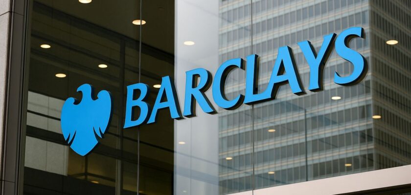 Scritta Barclays su una vetrata con il riflesso di alcuni palazzi