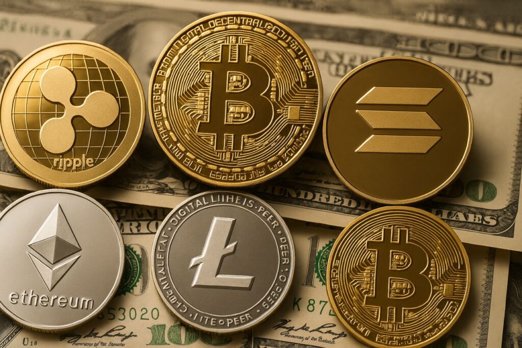 alcune monete coi simboli delle crypto pià famose e delle banconote in dollari sullo sfondo