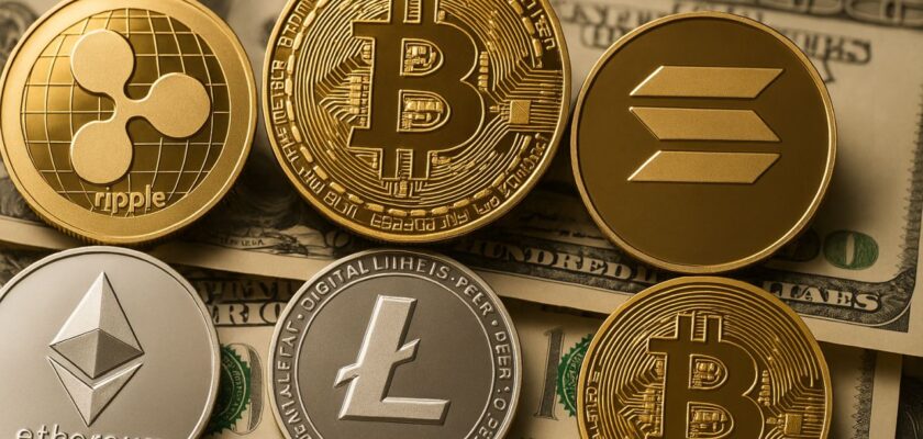 alcune monete coi simboli delle crypto pià famose e delle banconote in dollari sullo sfondo