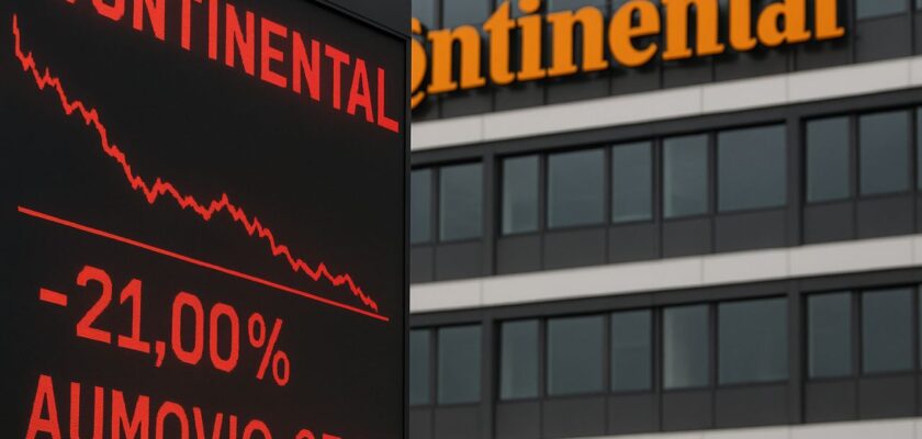 Un tabellone sulla sinistra con l'andamento del titolo e un palazzo con la scritta Continental in cima sullo sfondo