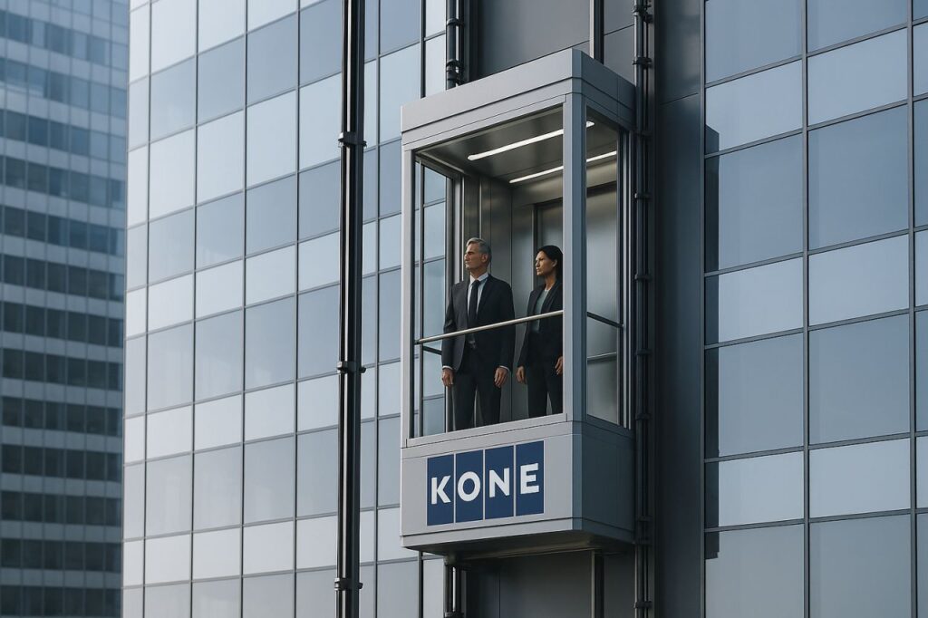 Un ascensore esterno con la scritta Kone montato sulla vetrata di un palazzo
