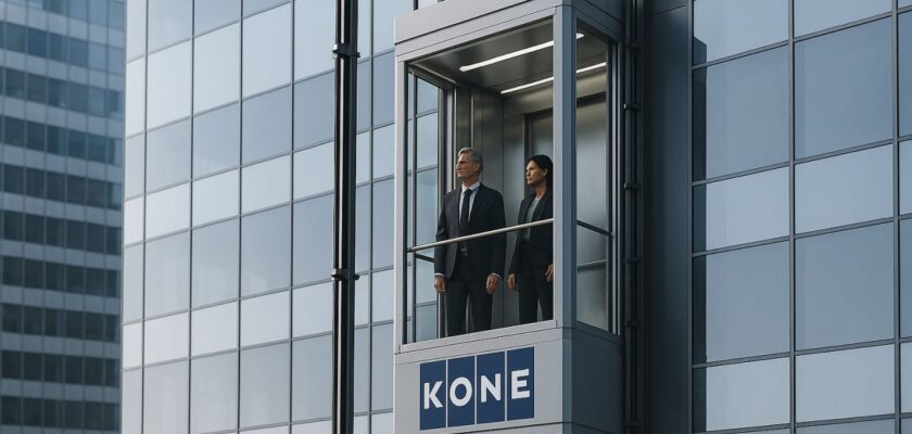 Un ascensore esterno con la scritta Kone montato sulla vetrata di un palazzo