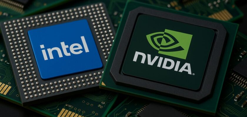 Una scheda elettronica con un microchip con marchio Intel e uno Nvidia