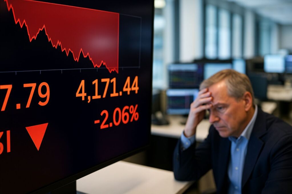 un investitore seduto a una scrivania con un maxischermo che indica l'andamento dei mercati