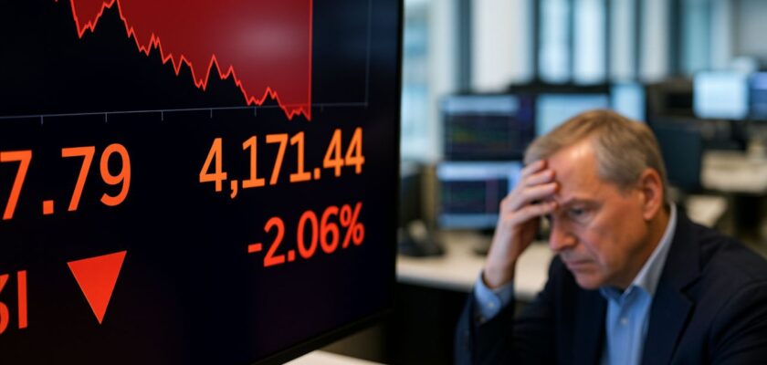 un investitore seduto a una scrivania con un maxischermo che indica l'andamento dei mercati