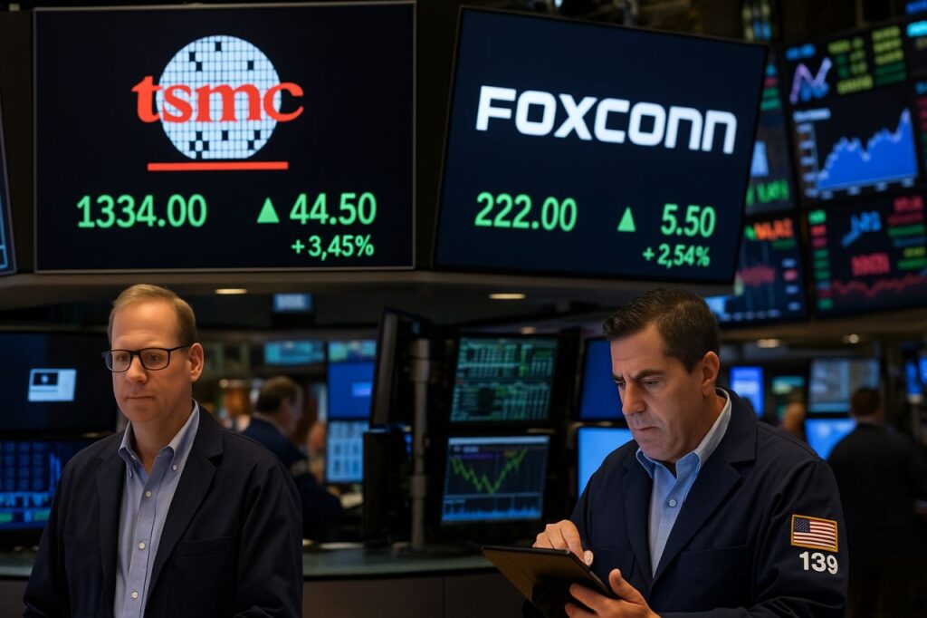 investitori in una sala di Borsa con loghi di smc e Foxconn su alcuni schermi sopra di loro