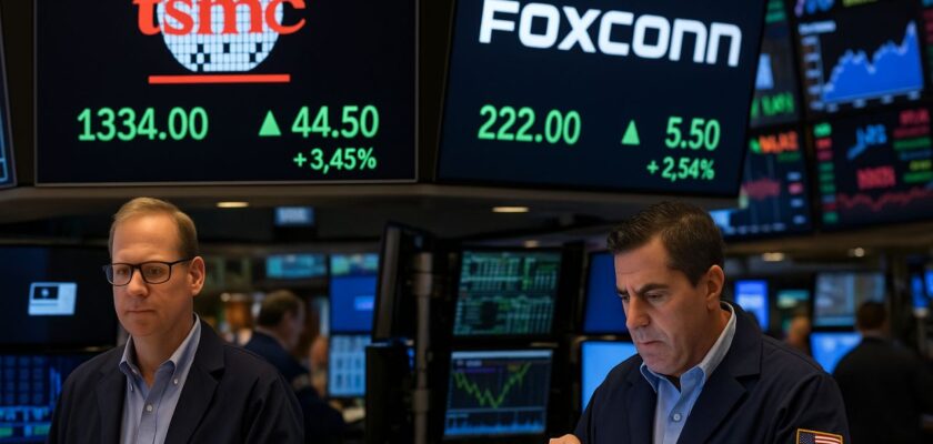 investitori in una sala di Borsa con loghi di smc e Foxconn su alcuni schermi sopra di loro