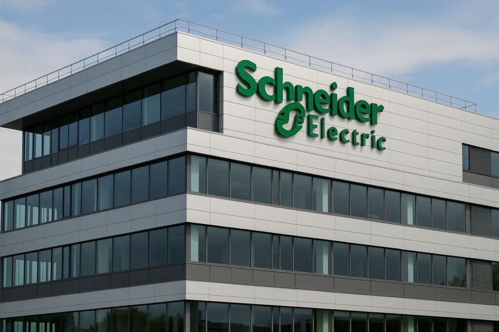 La scritta Schneider Electric sulla facciata di un edificio moderno