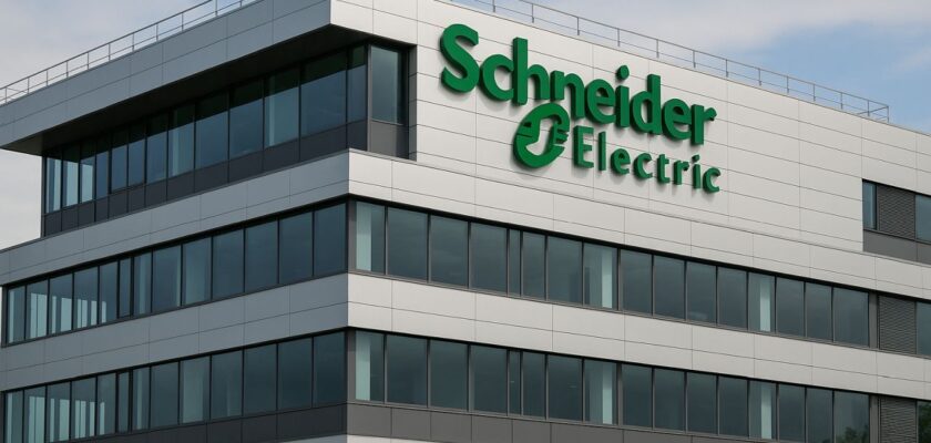 La scritta Schneider Electric sulla facciata di un edificio moderno