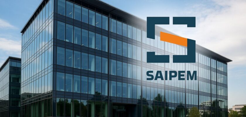 un moderno edificio di vetro, e il logo Saipem in sovrimpressione