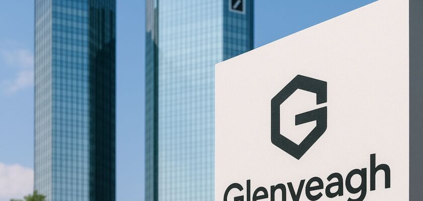 un totem pubblicitario con la scritta Glenveagh e dei grattacieli sullo sfondo