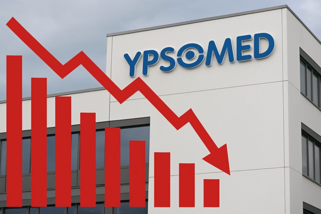 Un palazzo bianco con la scritta Ypsomed in cima e un grafico in rosso in sovrimpressione 