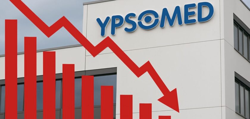 Un palazzo bianco con la scritta Ypsomed in cima e un grafico in rosso in sovrimpressione