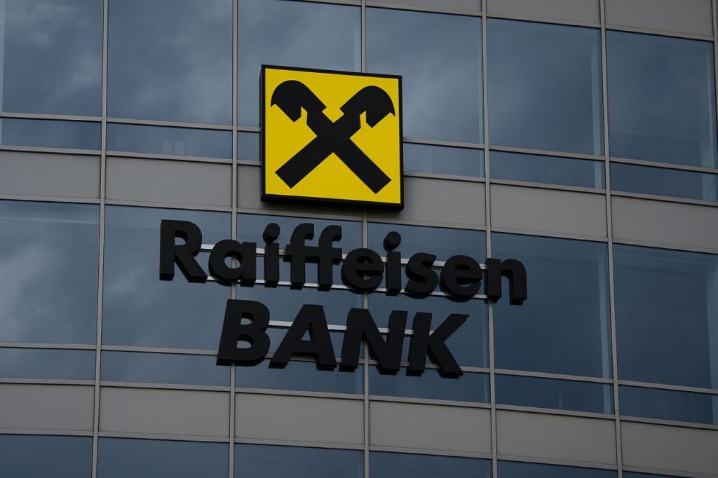 la vetrata di un palazzo con logo e scritta Reiffeisen Bank