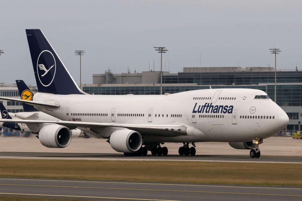un aereo di linea Lufthansa sulla pista di atterraggio