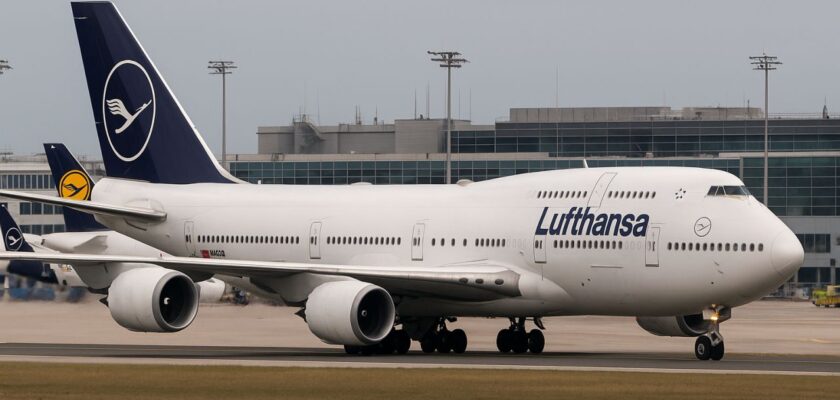 un aereo di linea Lufthansa sulla pista di atterraggio
