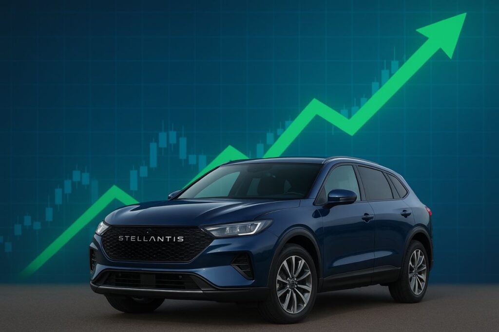 auto con logo Stellantis e grafico di borsa al rialzo