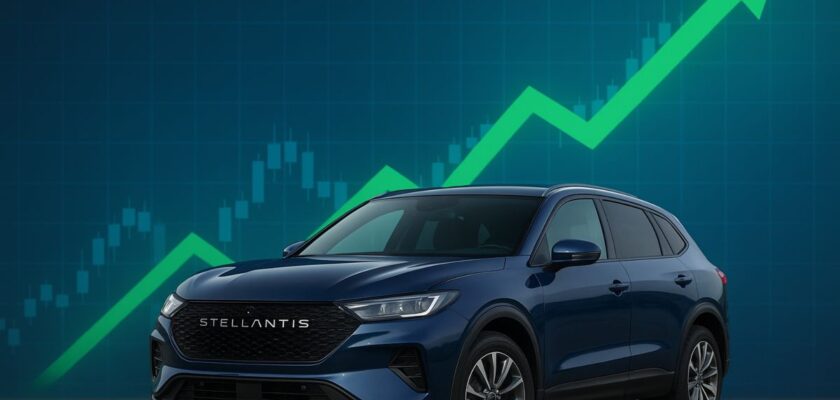 auto con logo Stellantis e grafico di borsa al rialzo