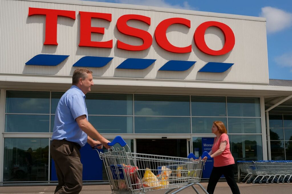 l'entrata di un supermercato con la scritta Tesco in grande sopra. Davanti alcuni clienti coi carrelli della spesa