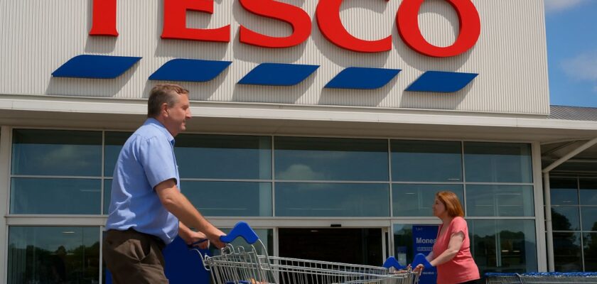 l'entrata di un supermercato con la scritta Tesco in grande sopra. Davanti alcuni clienti coi carrelli della spesa