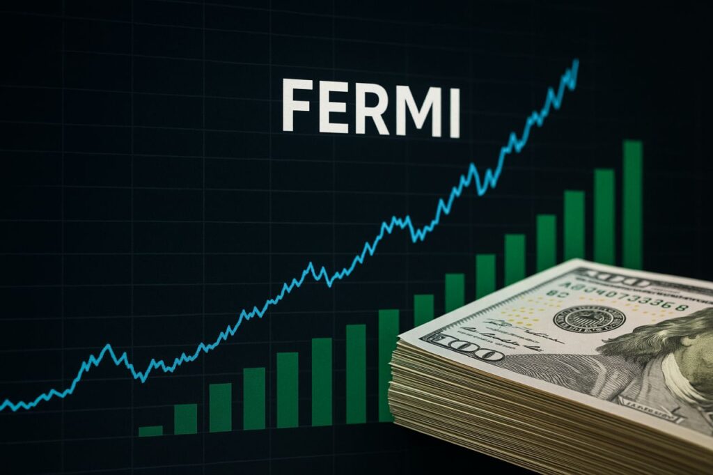 una mazzetta di banconote in dollari con un grafico a colonne sullo sfondo e la scritta Fermi in alto