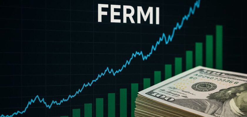 una mazzetta di banconote in dollari con un grafico a colonne sullo sfondo e la scritta Fermi in alto