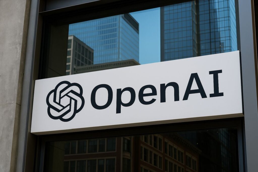 La scritta OpenAI con relativo logo sull'ingresso di un edificio