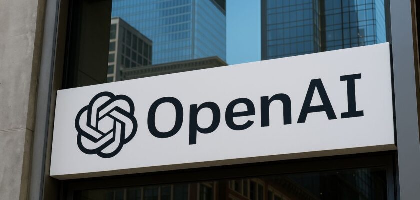 La scritta OpenAI con relativo logo sull'ingresso di un edificio