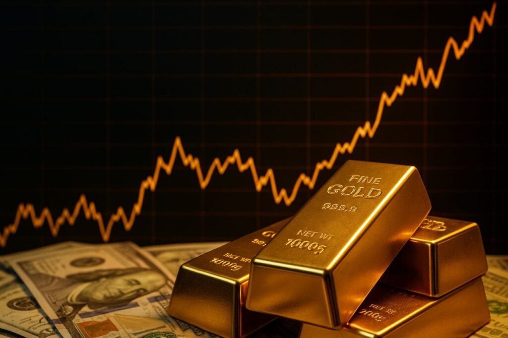 dei lingotti d'oro poggiati su delle banconote in dollari e un grafico in salita sullo sfondo