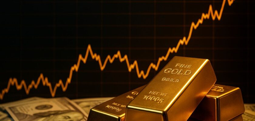 dei lingotti d'oro poggiati su delle banconote in dollari e un grafico in salita sullo sfondo