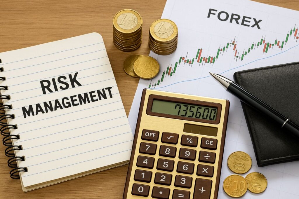 Un taccuino con scritto Risk Management su un piano insieme a una calcolatrice da tavolo, una penna e alcune monetine