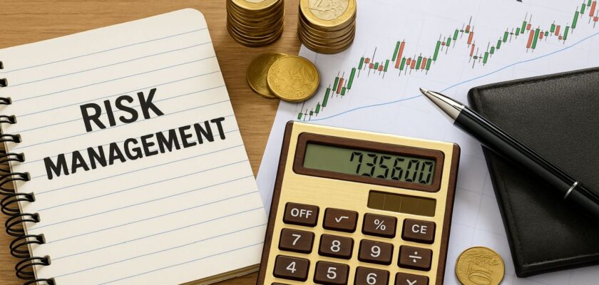 Un taccuino con scritto Risk Management su un piano insieme a una calcolatrice da tavolo, una penna e alcune monetine