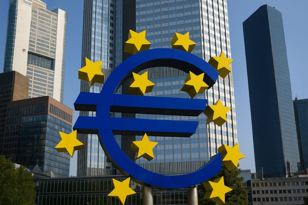 Il simbolo dell'euro davanti ai palazzi della Bce