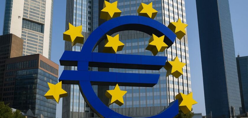 Il simbolo dell'euro davanti ai palazzi della Bce