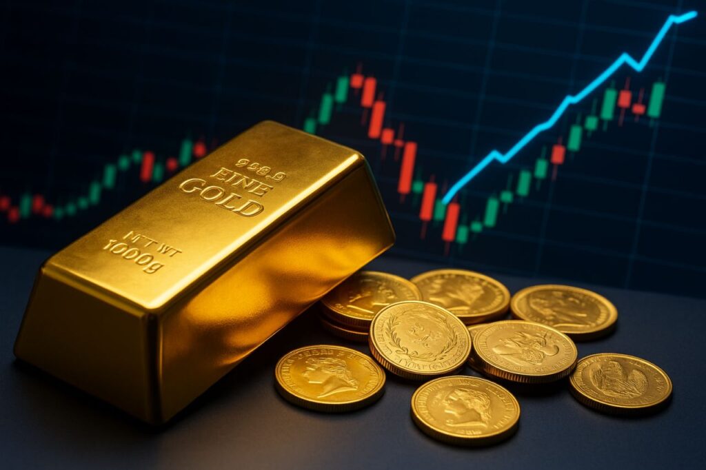 Un lingotto d'oro con delle monete e un grafico a candele sullo sfondo