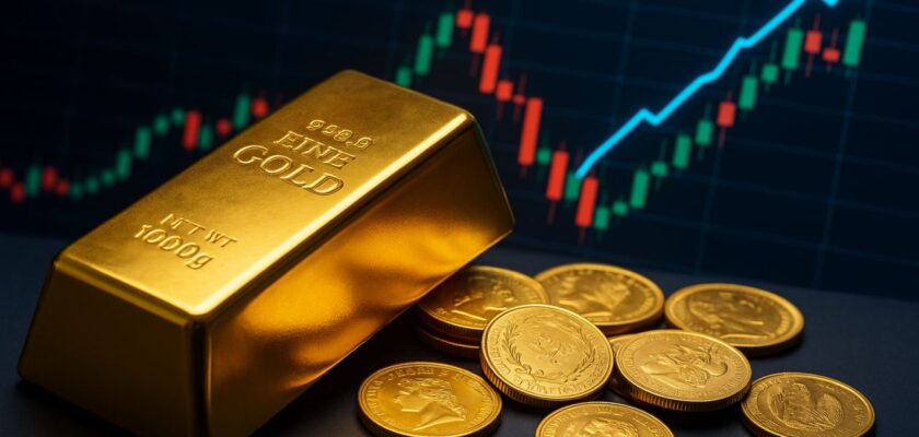 Un lingotto d'oro con delle monete e un grafico a candele sullo sfondo