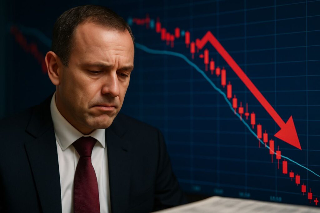 Primo piano di un uomo in giacca e cravatta con un grafico finanziario che indica discesa sullo sfondo