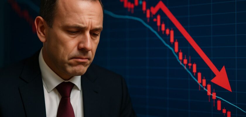Primo piano di un uomo in giacca e cravatta con un grafico finanziario che indica discesa sullo sfondo