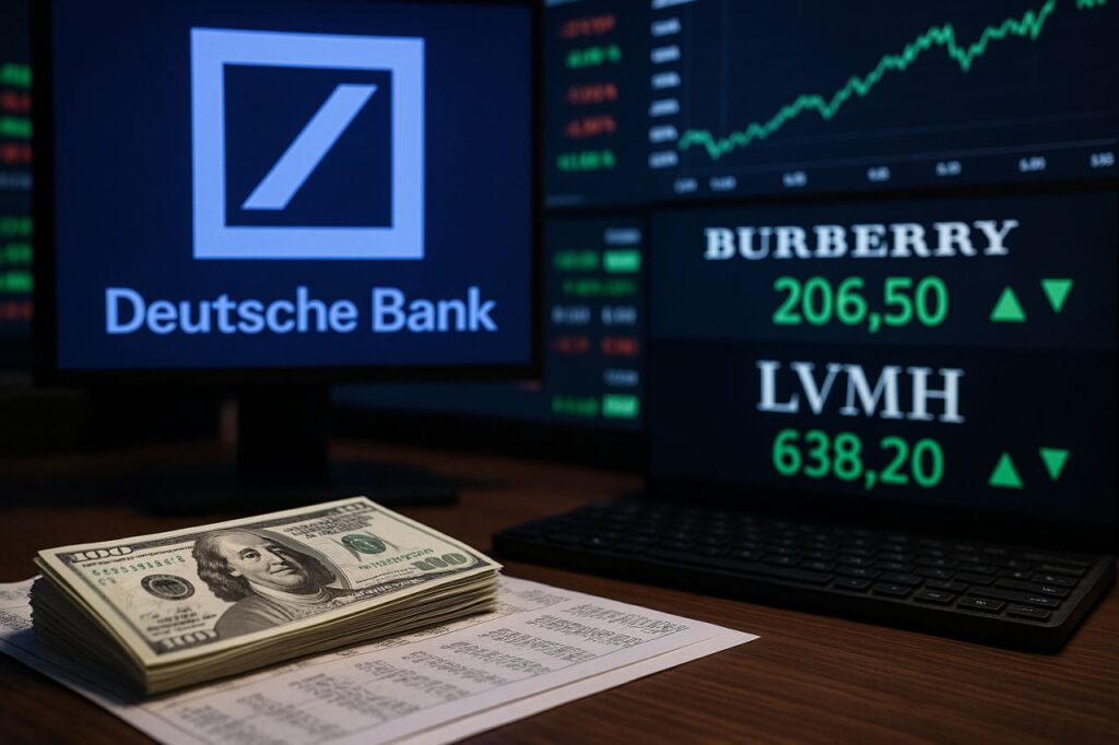alcuni schermi con andamento titoli in Borsa e il logo di Deutsche Bank
