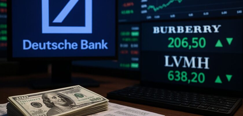 alcuni schermi con andamento titoli in Borsa e il logo di Deutsche Bank