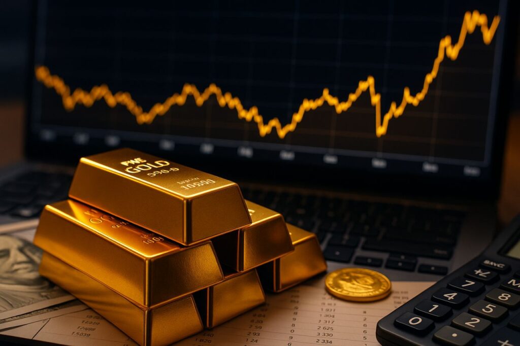 Alcuni lingotti d'oro con un grafico sullo sfondo