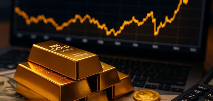 Alcuni lingotti d'oro con un grafico sullo sfondo