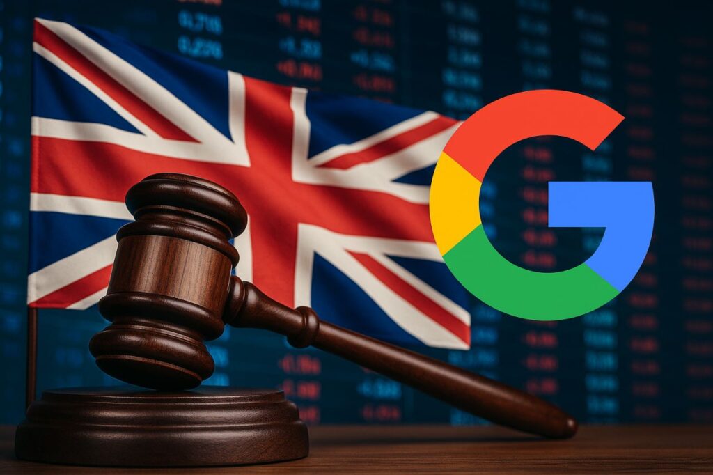 bandiera del Regno Unito con il martello di un giudice in primo piano e il logo di Google in grande a sinistra