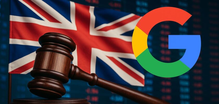 bandiera del Regno Unito con il martello di un giudice in primo piano e il logo di Google in grande a sinistra